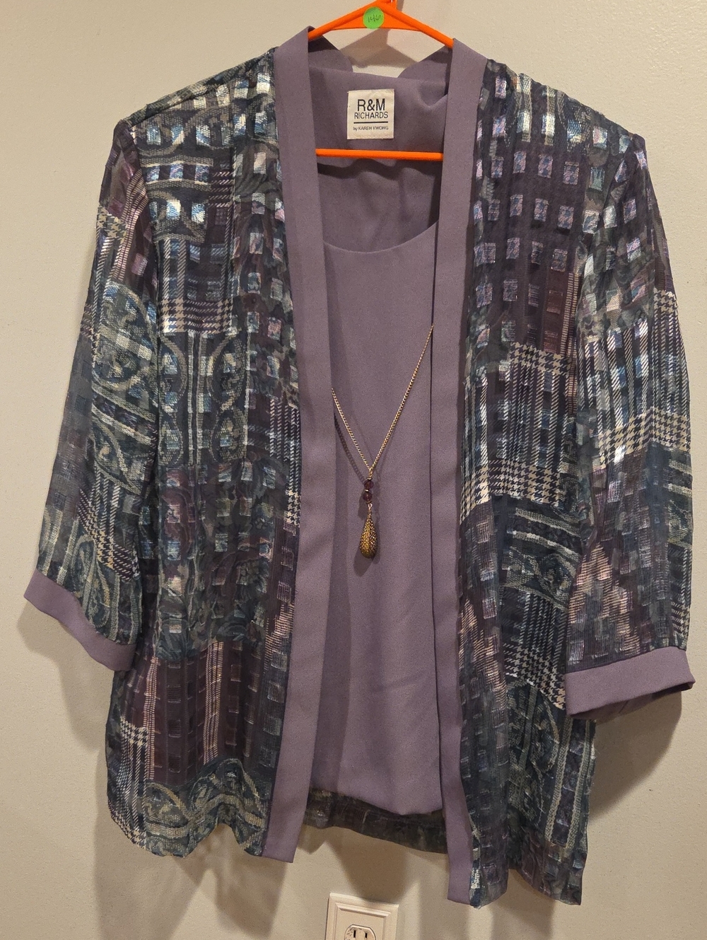 R&M Richards Lavender & Multi-Pattern Open Jacket with attached Tank and Jewelry